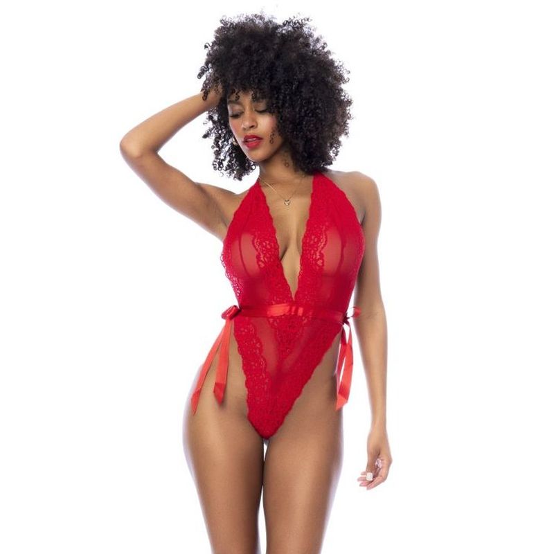 167581_1.jpg Red Lace Bodysuit with Side Ties - Image 1